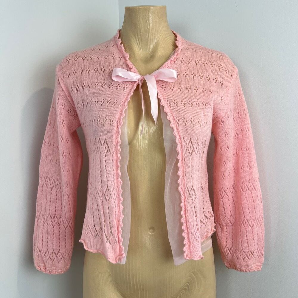 Vintage Simpsons England Women Small Pink Wool Babydoll Open Front Cardigan Bow